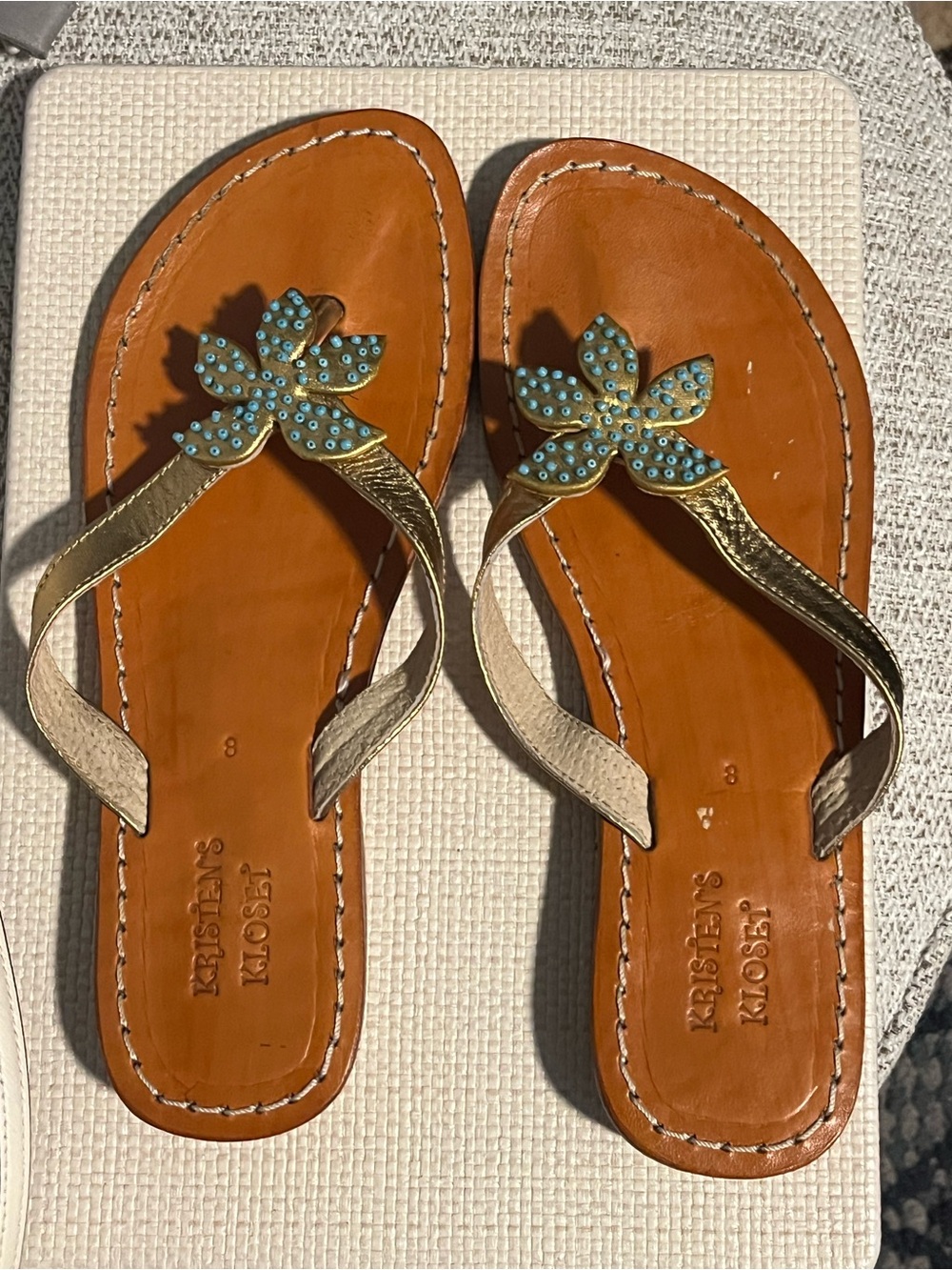 Kristen’s Kloset Gold Leather Thong Sandals with Turquoise Flower size 8